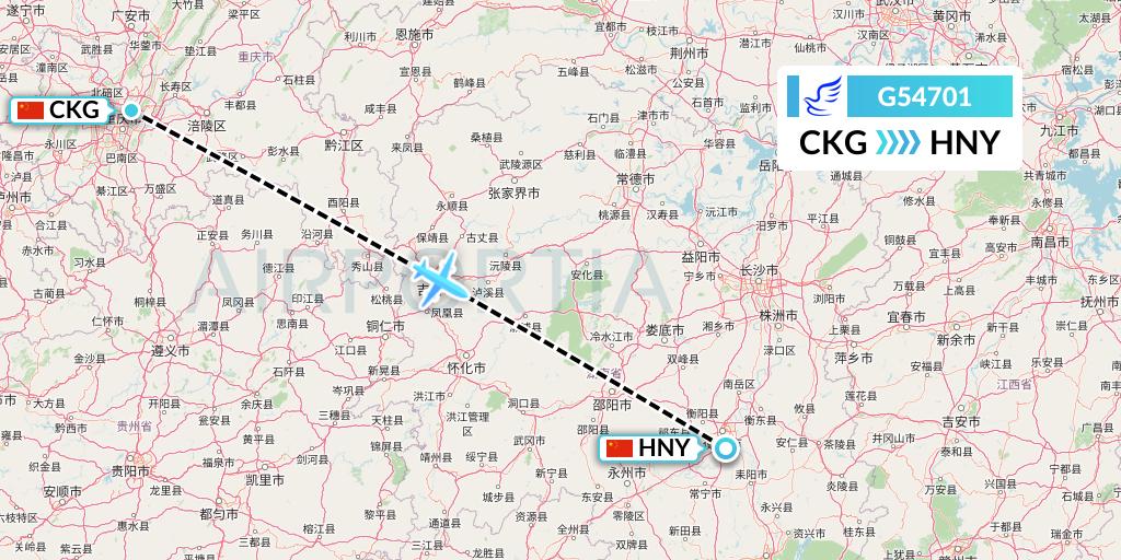 G54701 China Express Airlines Flight Map: Chongqing to Hengyang