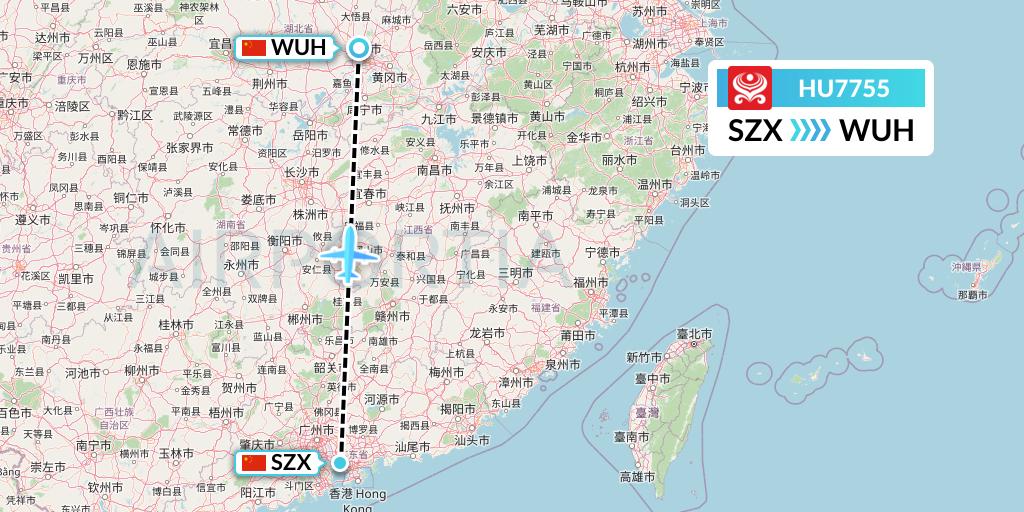 HU7755 Hainan Airlines Flight Map: Shenzhen to Wuhan