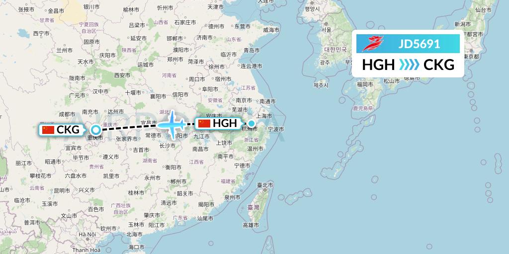 JD5691 Capital Airlines Flight Map: Hangzhou to Chongqing