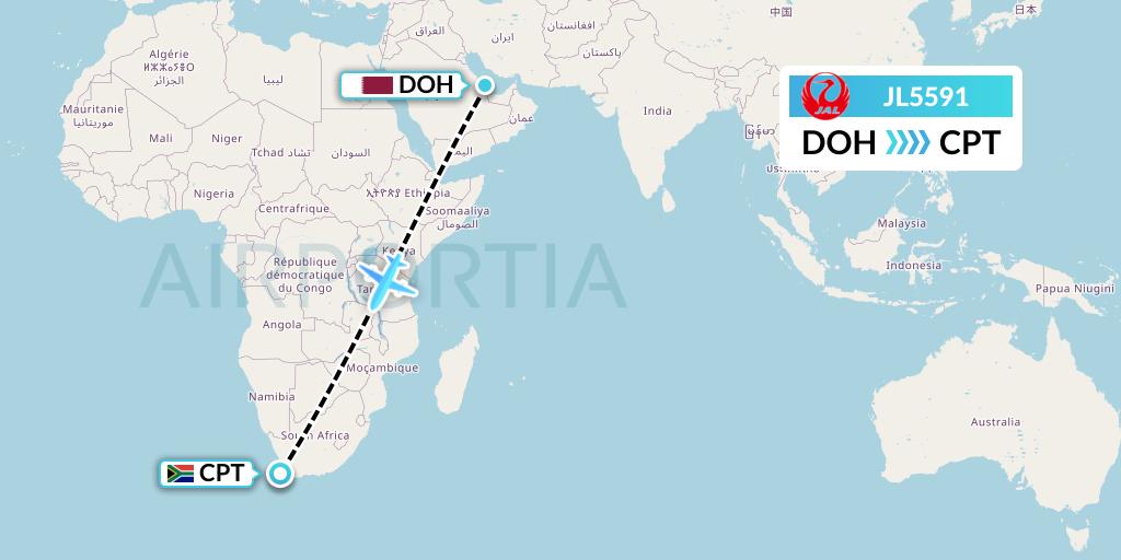 JL5591 Japan Airlines Flight Map: Doha to Cape Town