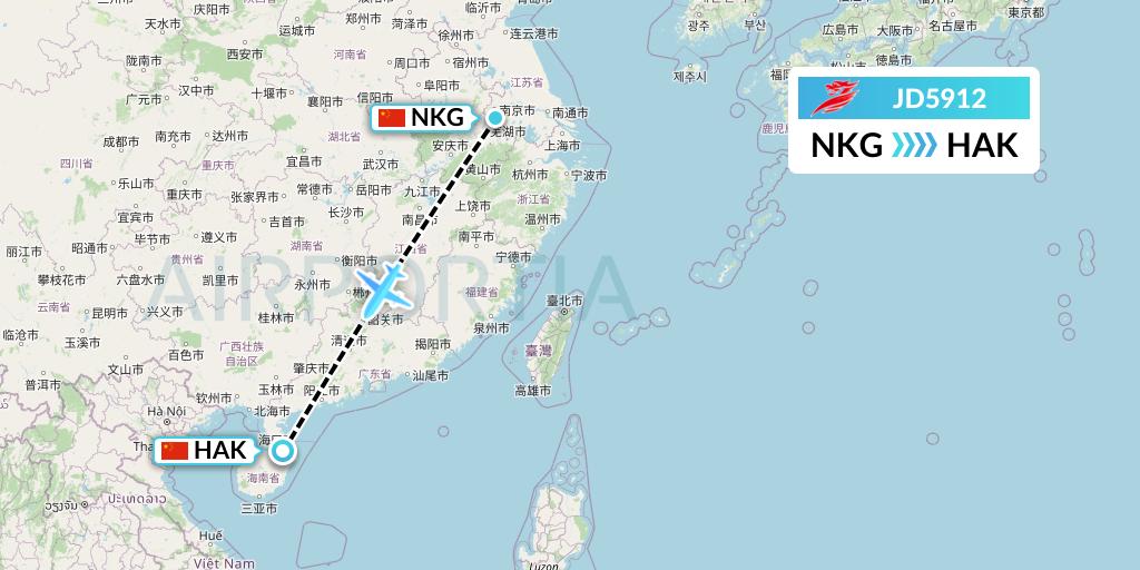 JD5912 Capital Airlines Flight Map: Nanjing to Haikou