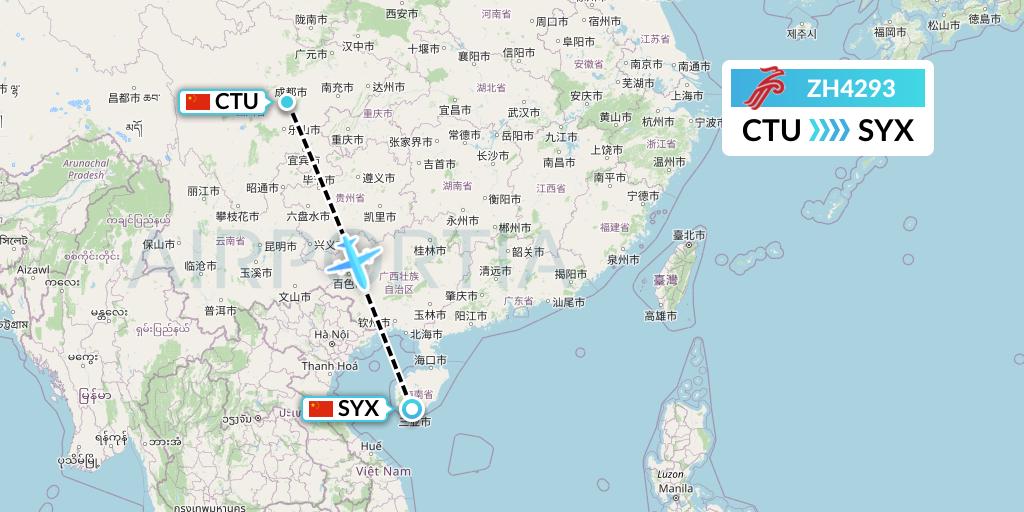 ZH4293 Shenzhen Airlines Flight Map: Chengdu to Sanya