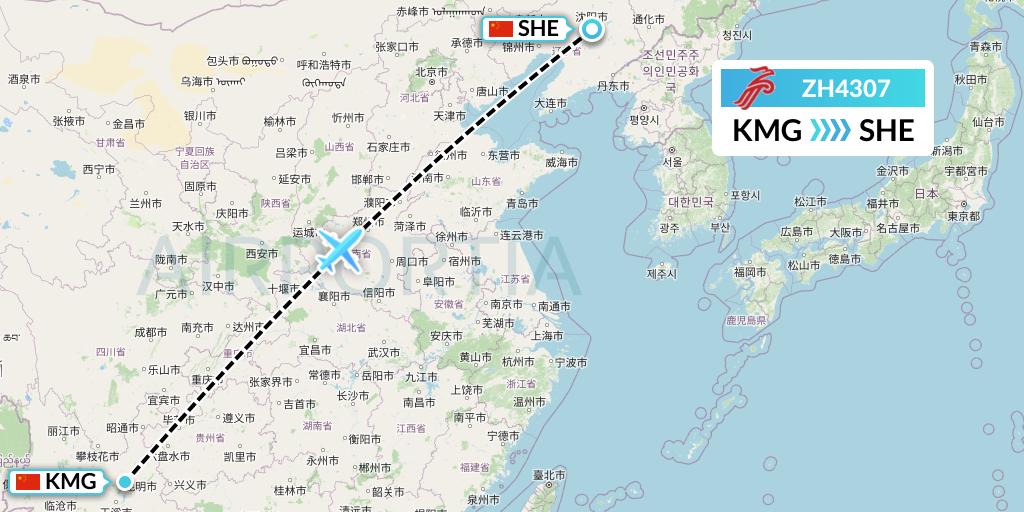 ZH4307 Shenzhen Airlines Flight Map: Kunming to Shenyang