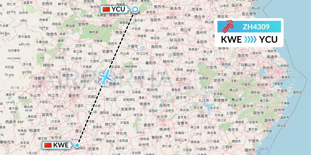 ZH4309 Shenzhen Airlines Flight Map: Guiyang to Yuncheng
