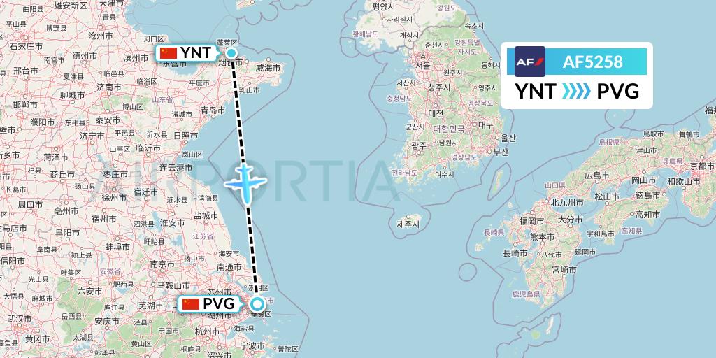 AF5258 Air France Flight Map: Yantai to Shanghai