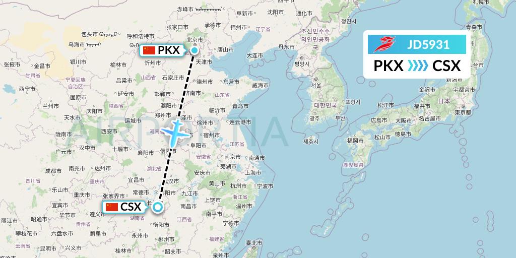 JD5931 Capital Airlines Flight Map: Beijing to Changsha