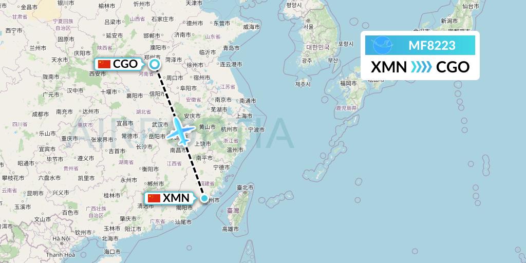 MF8223 Xiamen Airlines Flight Map: Xiamen to Zhengzhou