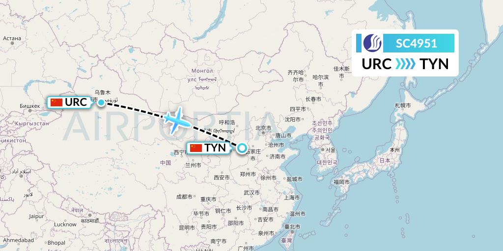 SC4951 Shandong Airlines Flight Map: Urumqi to Taiyuan