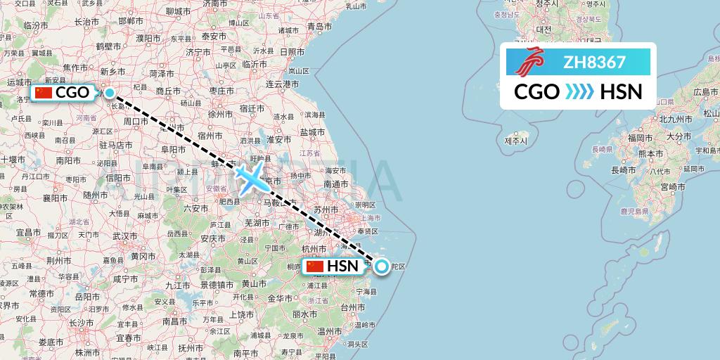 ZH8367 Shenzhen Airlines Flight Map: Zhengzhou to Zhoushan