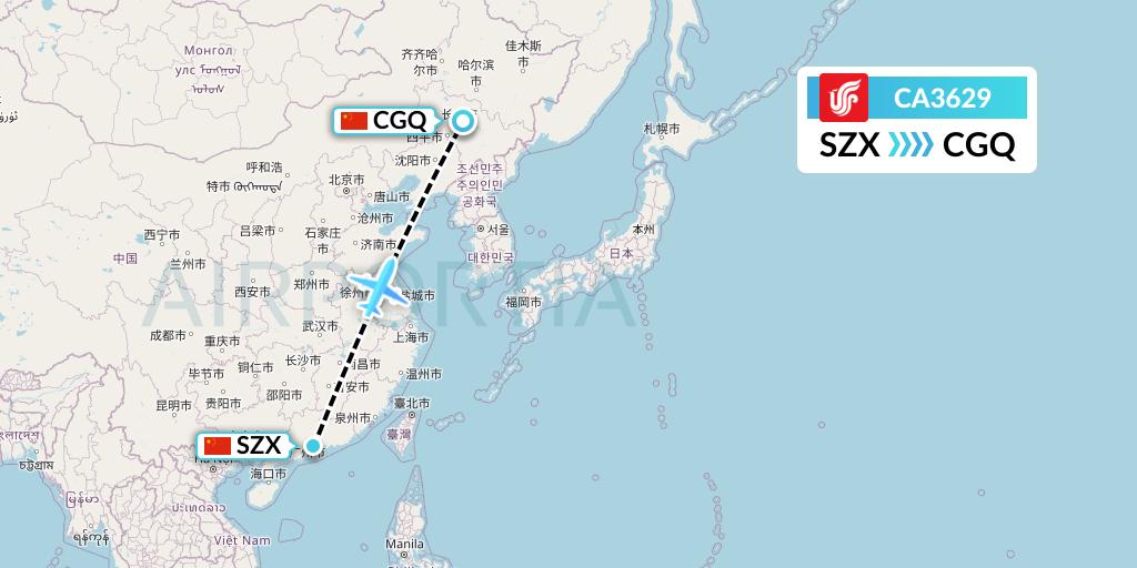 CA3629 Air China Flight Map: Shenzhen to Changchun