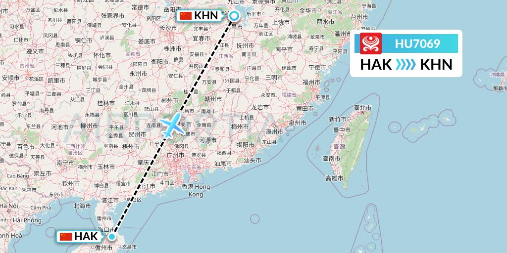 HU7069 Hainan Airlines Flight Map: Haikou to Nanchang