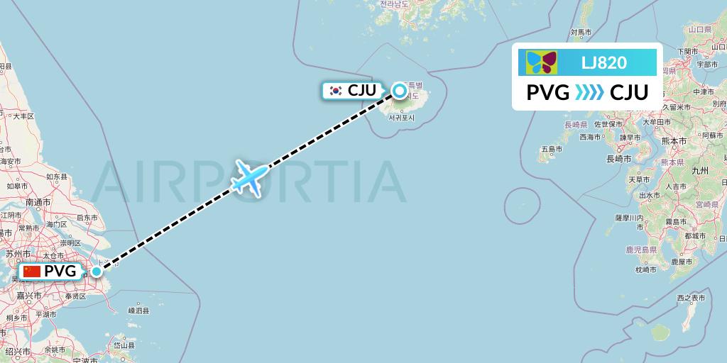 LJ820 Jin Air Flight Map: Shanghai to Jeju