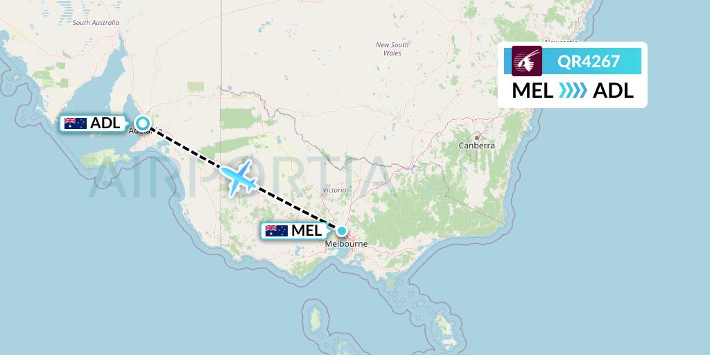 QR4267 Qatar Airways Flight Map: Melbourne to Adelaide