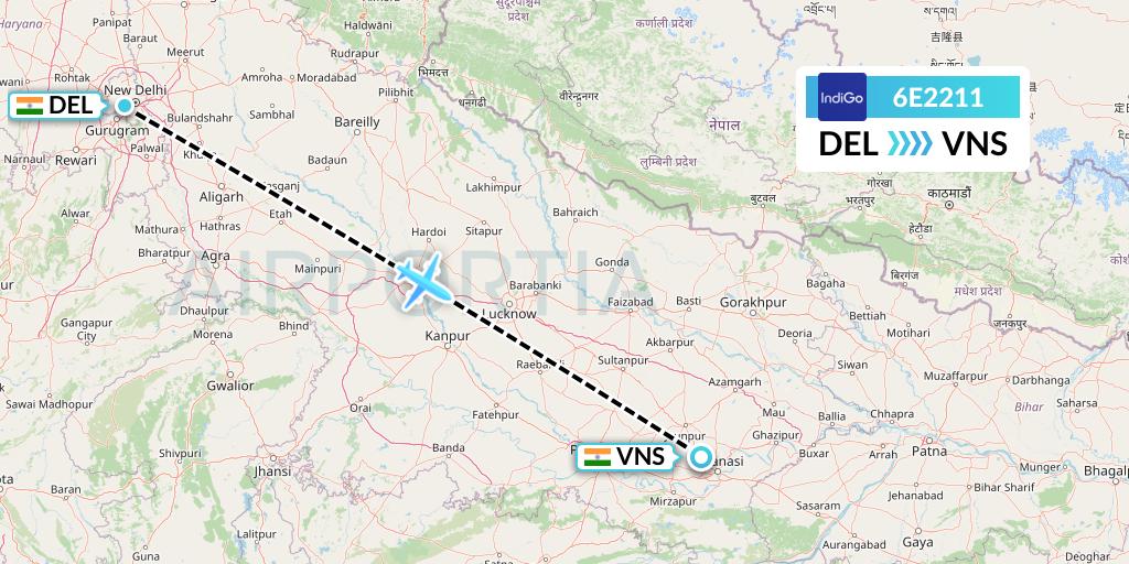 6E2211 IndiGo Airlines Flight Map: Delhi to Varanasi