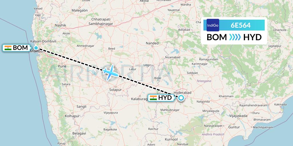 6E564 IndiGo Airlines Flight Map: Mumbai to Hyderabad