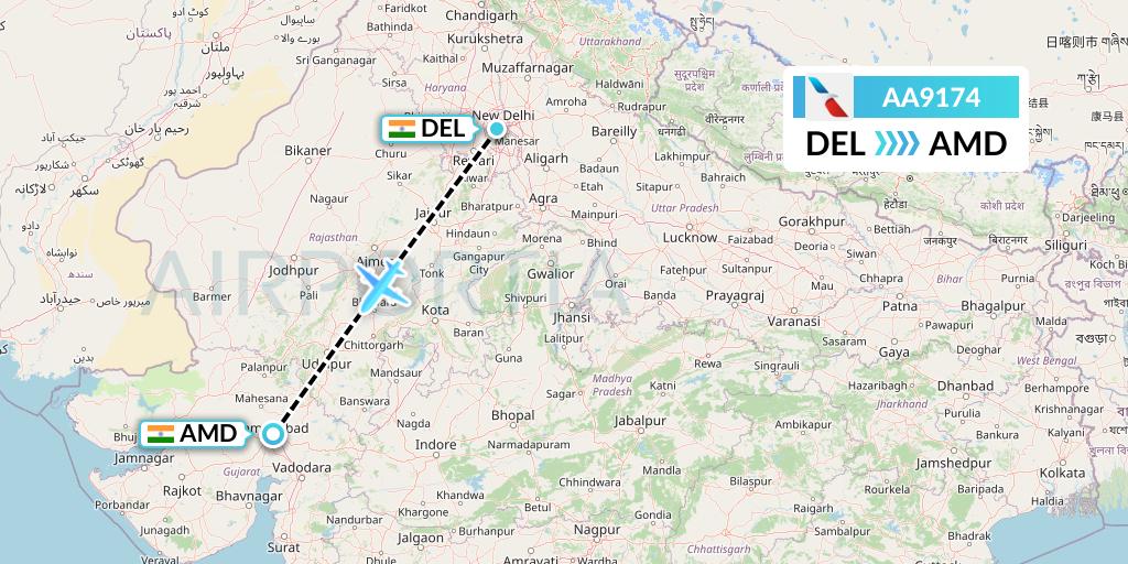 AA9174 American Airlines Flight Map: Delhi to Ahmedabad