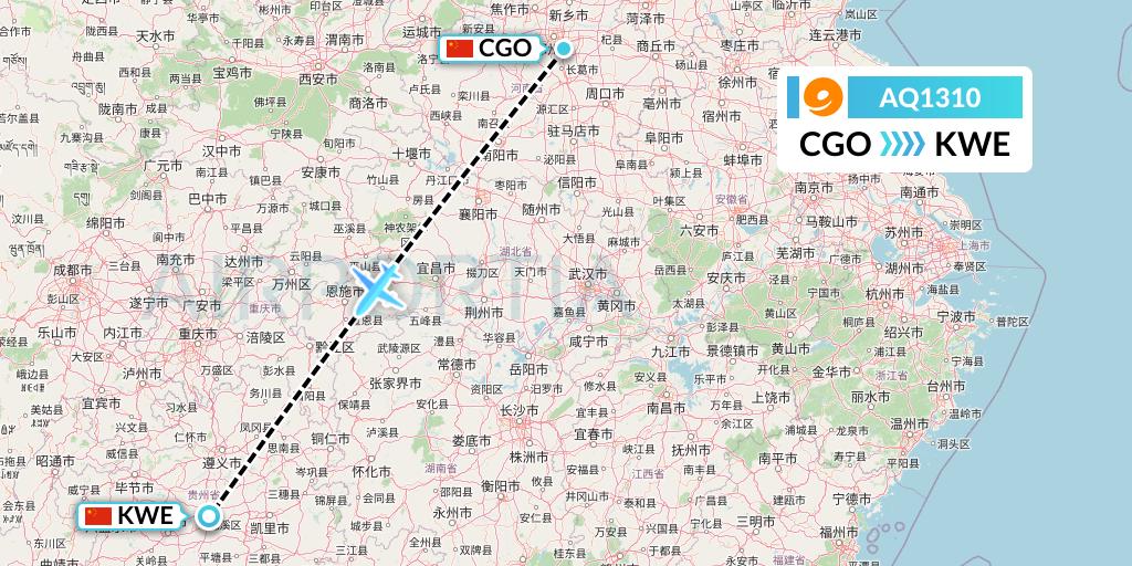 AQ1310 9 Air Flight Map: Zhengzhou to Guiyang