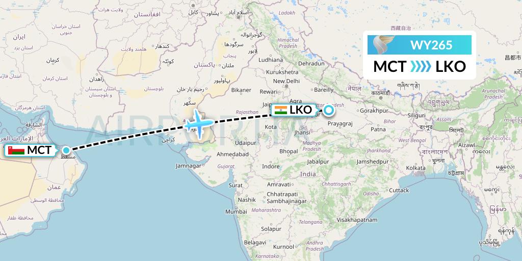 WY265 Oman Air Flight Map: Muscat to Lucknow