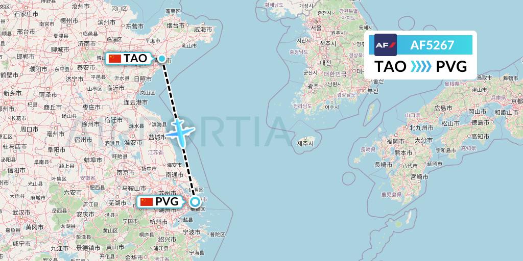 AF5267 Air France Flight Map: Qingdao to Shanghai