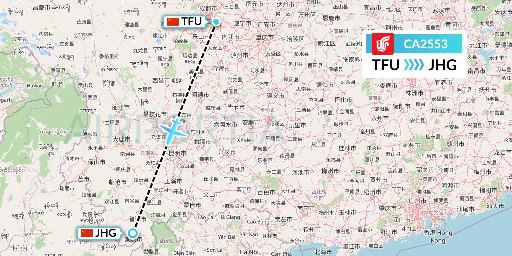 CA2553 Air China Flight Map: Chengdu to Jinghong