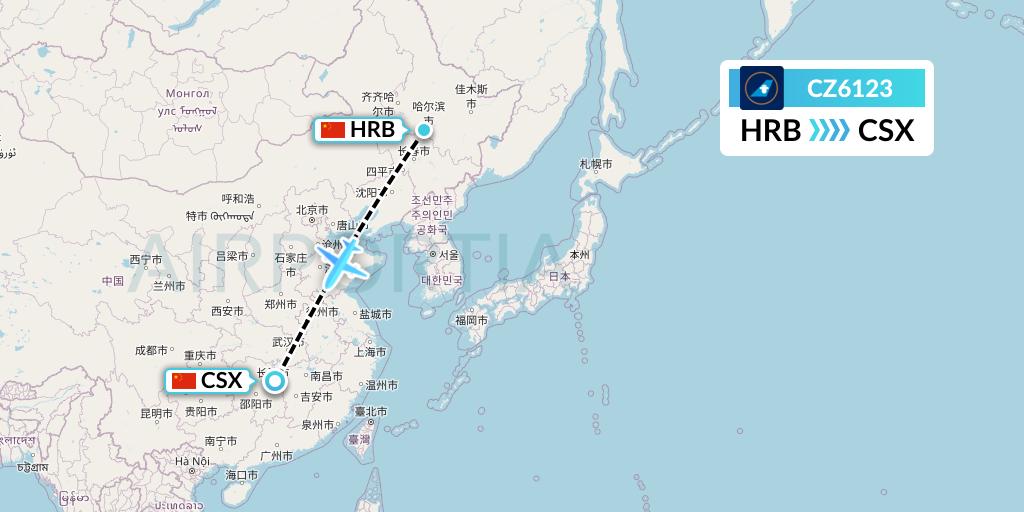 CZ6123 China Southern Airlines Flight Map: Harbin to Changsha