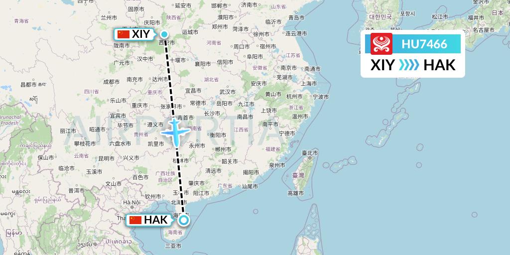 HU7466 Hainan Airlines Flight Map: Xi'an to Haikou