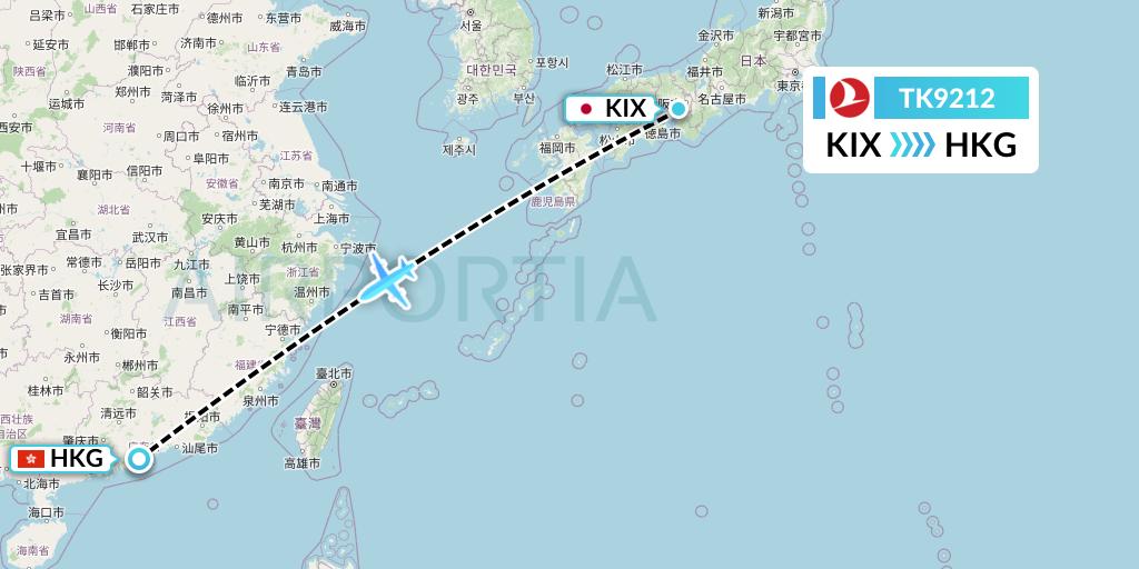 TK9212 Turkish Airlines Flight Map: Osaka to Hong Kong