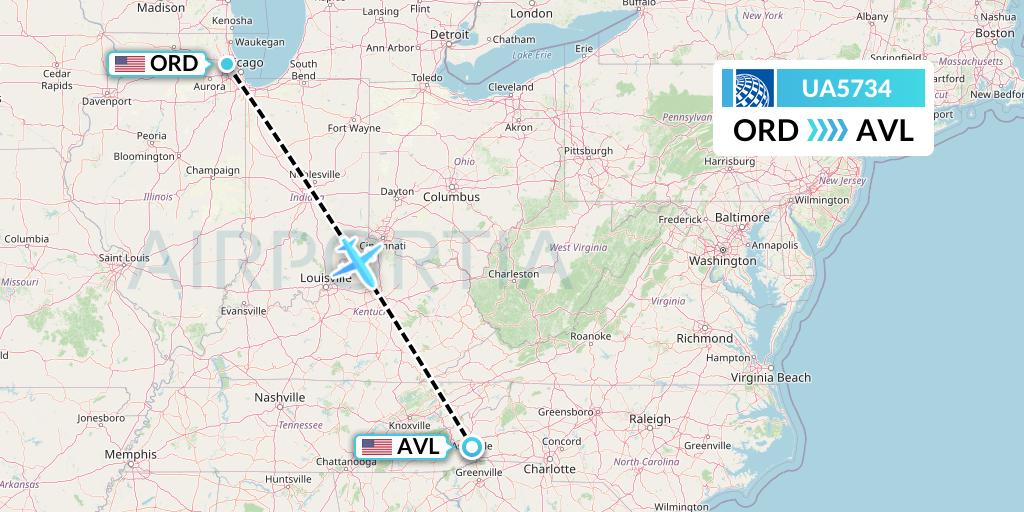 UA5734 United Airlines Flight Map: Chicago to Asheville