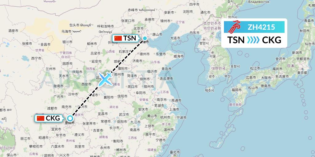 ZH4215 Shenzhen Airlines Flight Map: Tianjin to Chongqing