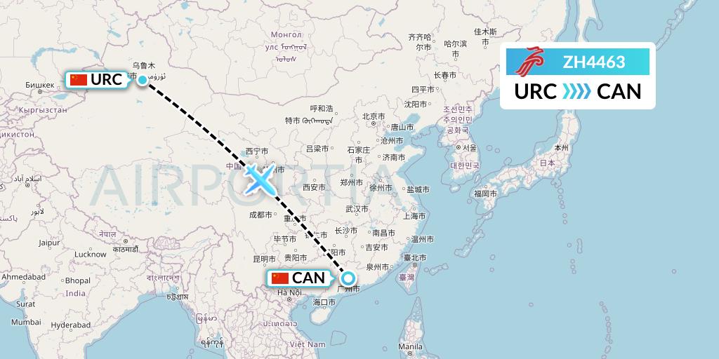 ZH4463 Shenzhen Airlines Flight Map: Urumqi to Guangzhou