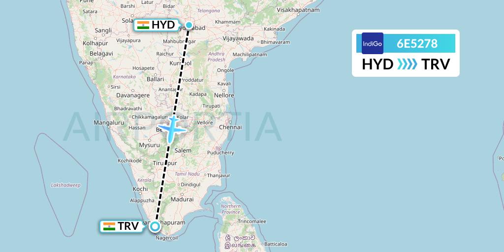 6E5278 IndiGo Airlines Flight Map: Hyderabad to Thiruvananthapuram