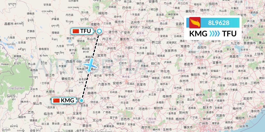 8L9628 Lucky Air Flight Map: Kunming to Chengdu