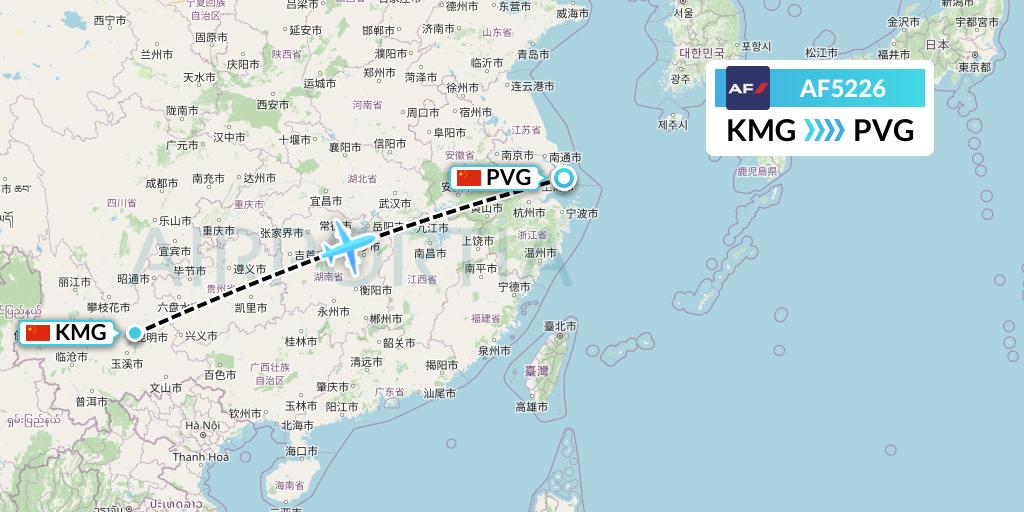 AF5226 Air France Flight Map: Kunming to Shanghai