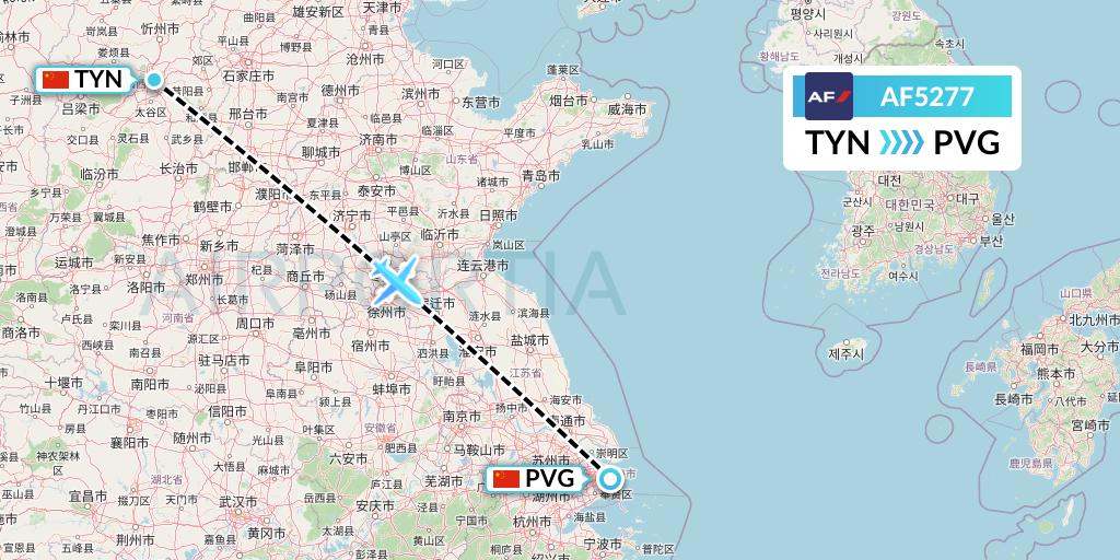AF5277 Air France Flight Map: Taiyuan to Shanghai