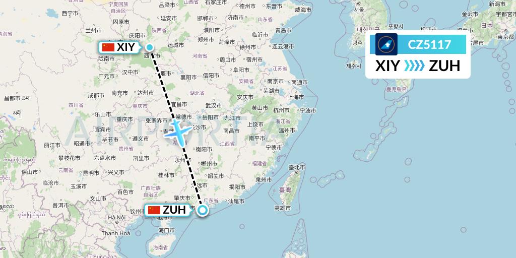 CZ5117 China Southern Airlines Flight Map: Xi'an to Zhuhai