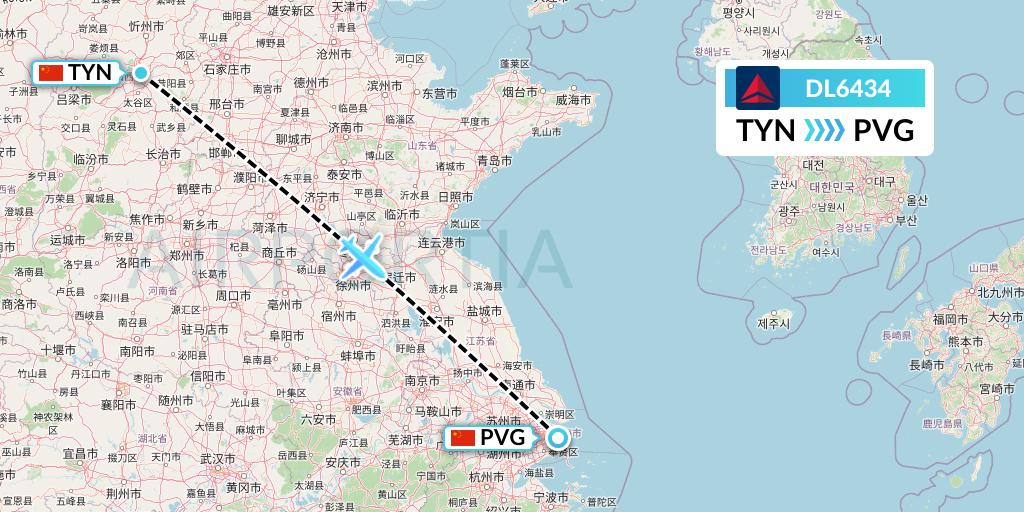 DL6434 Delta Air Lines Flight Map: Taiyuan to Shanghai