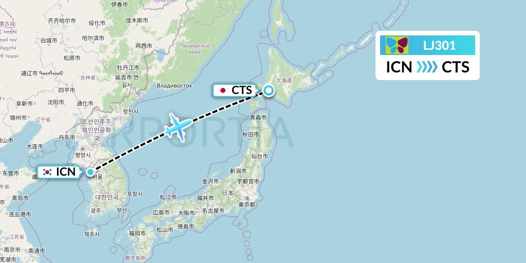LJ301 Jin Air Flight Map: Seoul to Sapporo