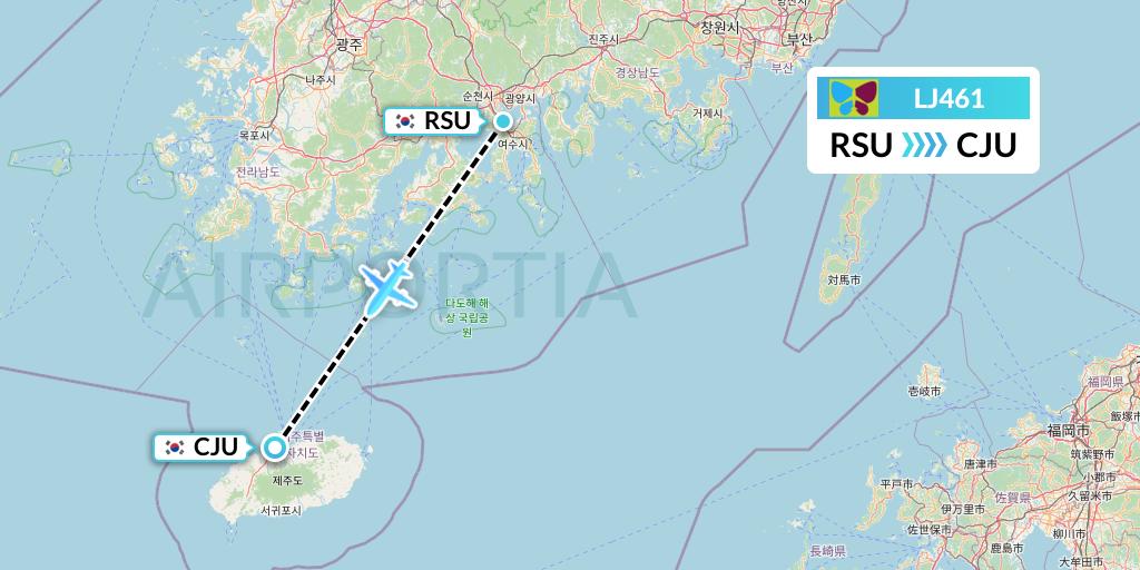 LJ461 Jin Air Flight Map: Yeosu to Jeju