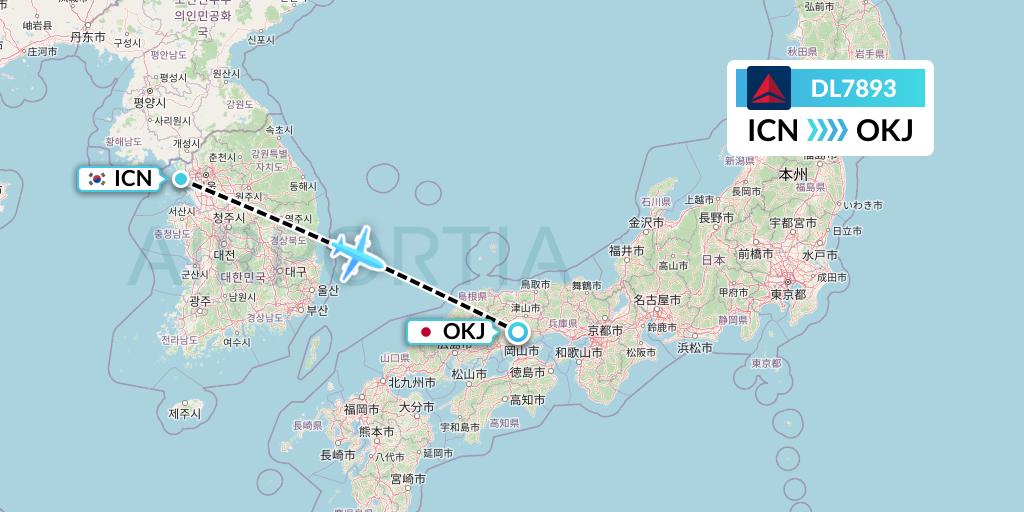 DL7893 Delta Air Lines Flight Map: Seoul to Okayama