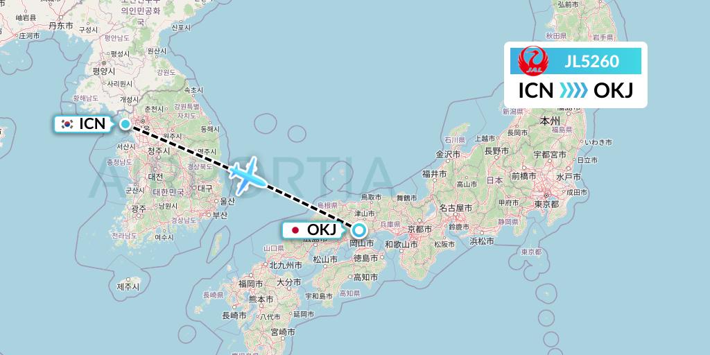 JL5260 Japan Airlines Flight Map: Seoul to Okayama