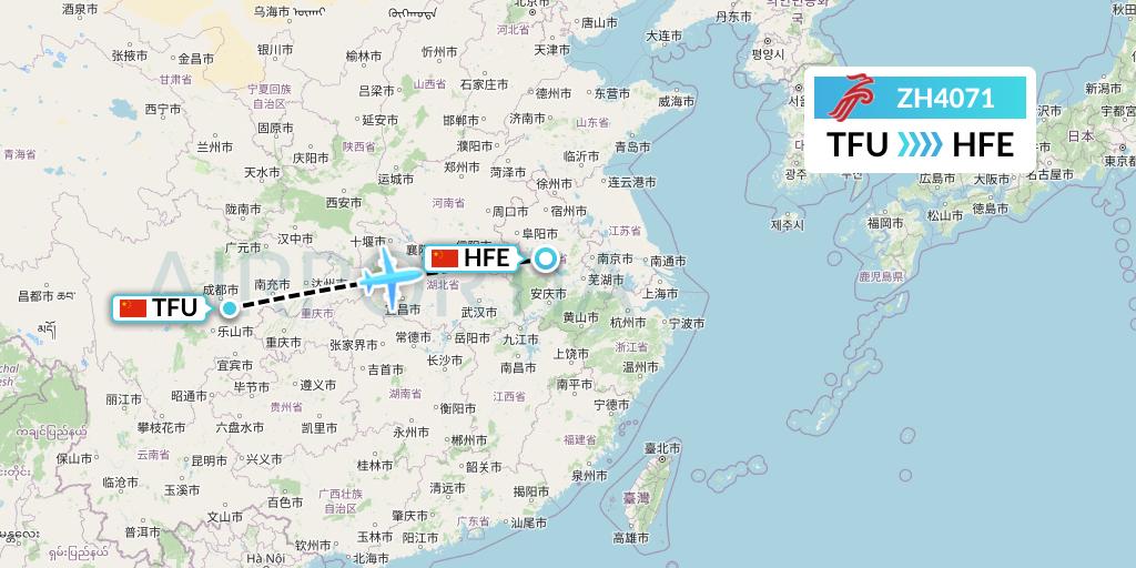 ZH4071 Shenzhen Airlines Flight Map: Chengdu to Hefei