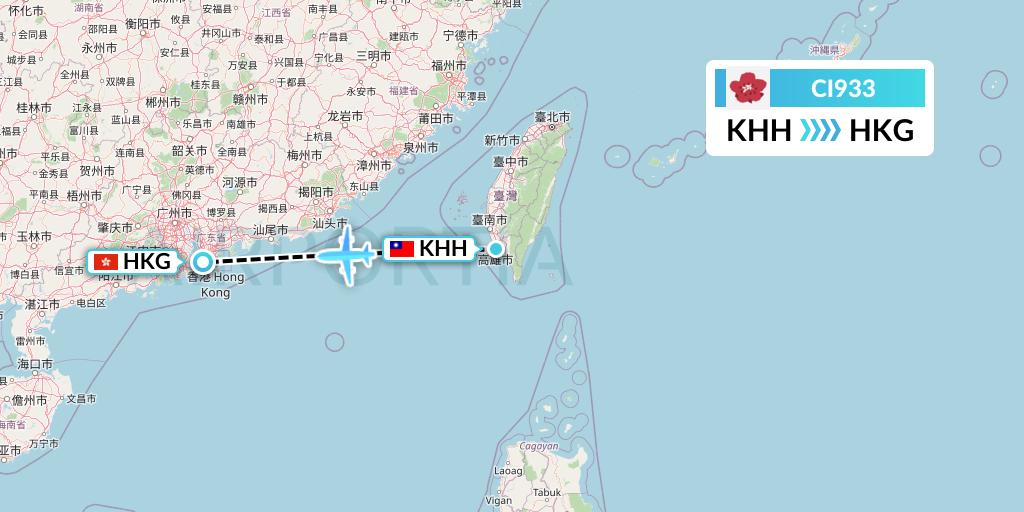 CI933 China Airlines Flight Map: Kaohsiung to Hong Kong