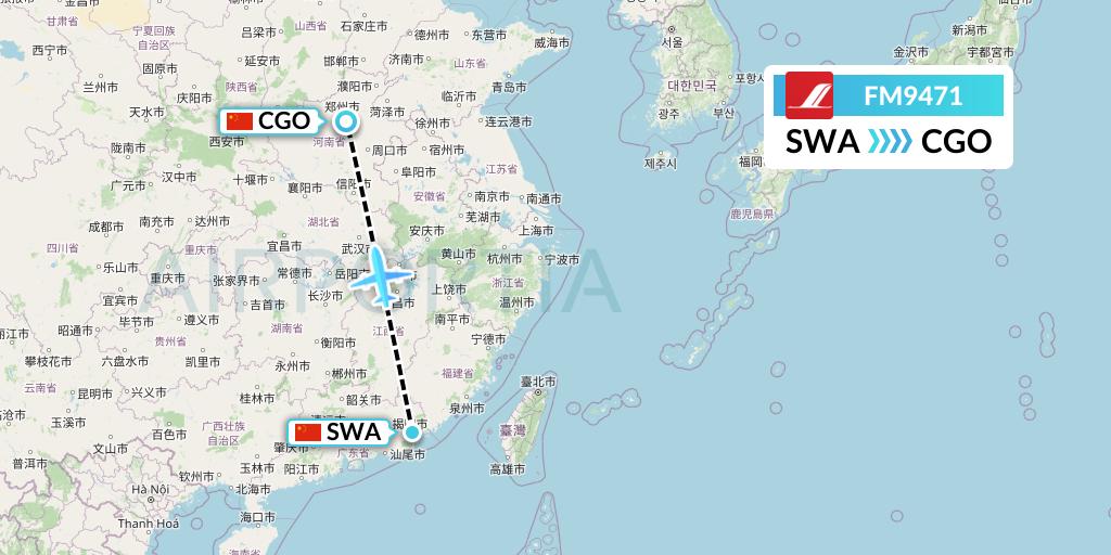 FM9471 Shanghai Airlines Flight Map: Jieyang to Zhengzhou