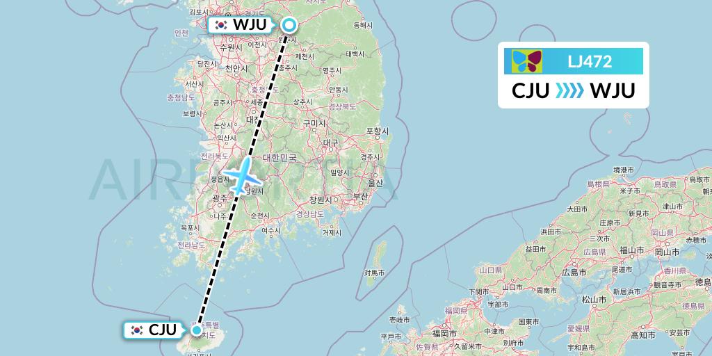 LJ472 Jin Air Flight Map: Jeju to Wonju