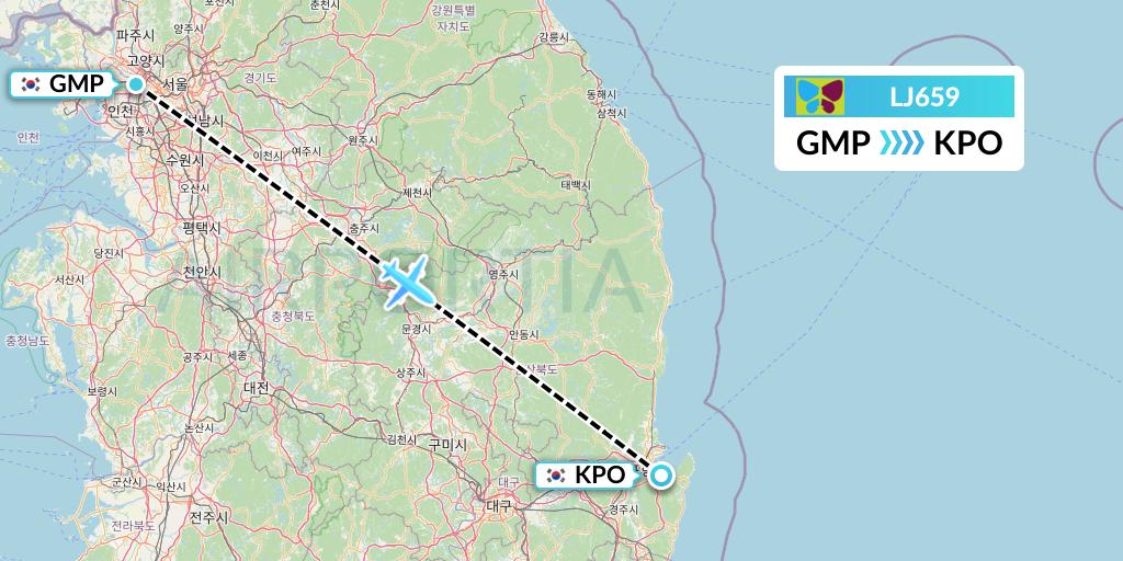 LJ659 Jin Air Flight Map: Seoul to Pohang