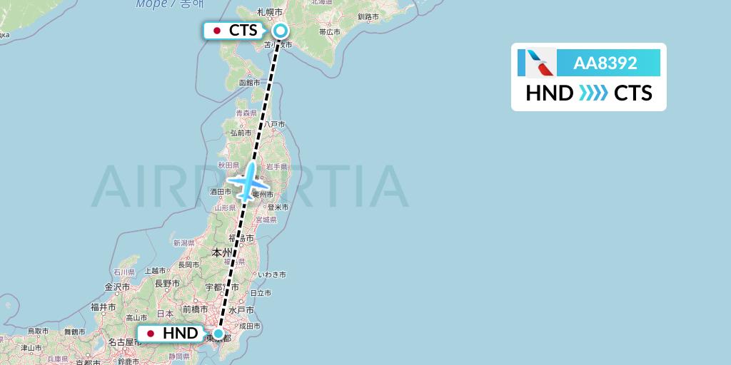 AA8392 American Airlines Flight Map: Tokyo to Sapporo