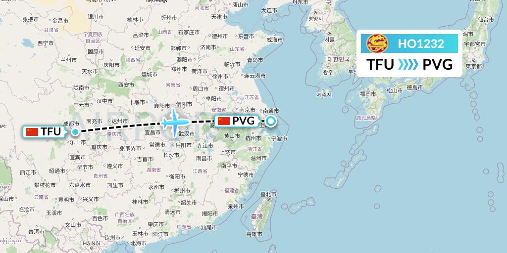 HO1232 Juneyao Airlines Flight Map: Chengdu to Shanghai