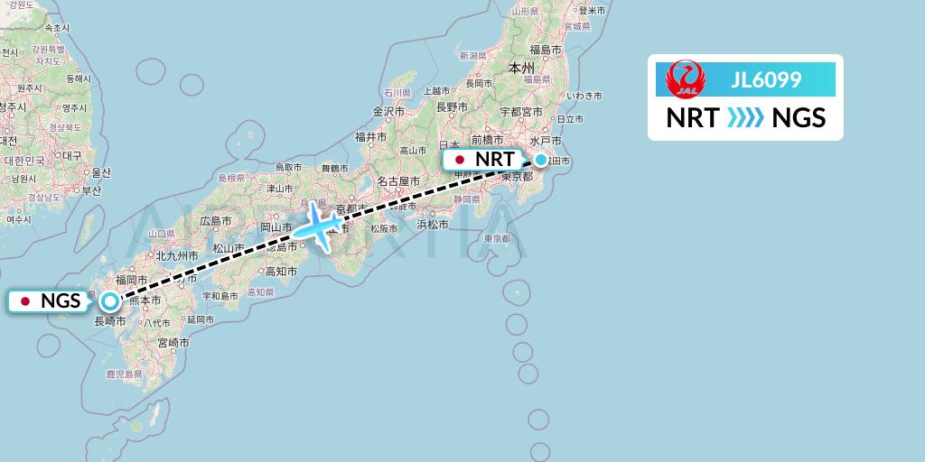 JL6099 Japan Airlines Flight Map: Tokyo to Nagasaki