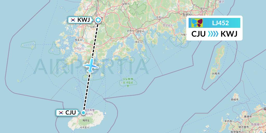 LJ452 Jin Air Flight Map: Jeju to Gwangju