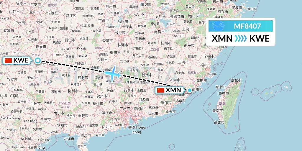 MF8407 Xiamen Airlines Flight Map: Xiamen to Guiyang